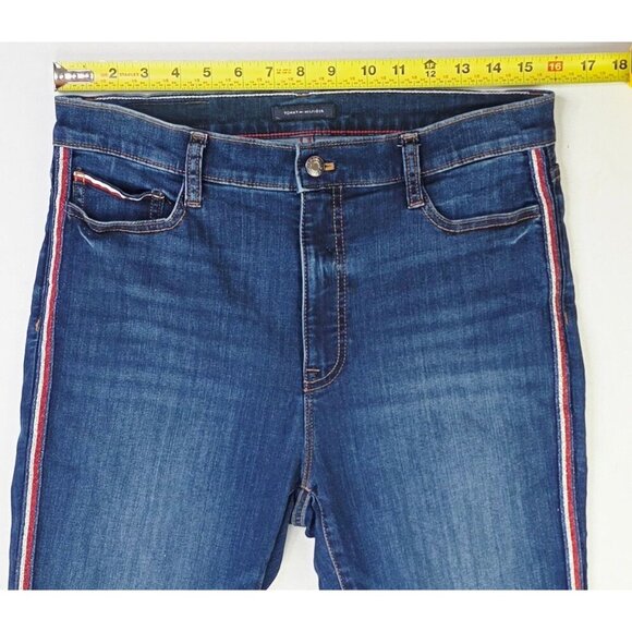 Tommy Hilfiger 30X29 Size 10 Womens Slimming Tuxedo Stripe Blue Denim Logo Jeans - Picture 2 of 13